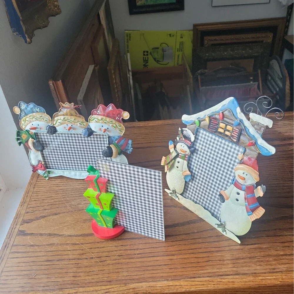 Vtg 90s lot of 3 christmas photo picture frames Snowman Gifts Tower 4x6